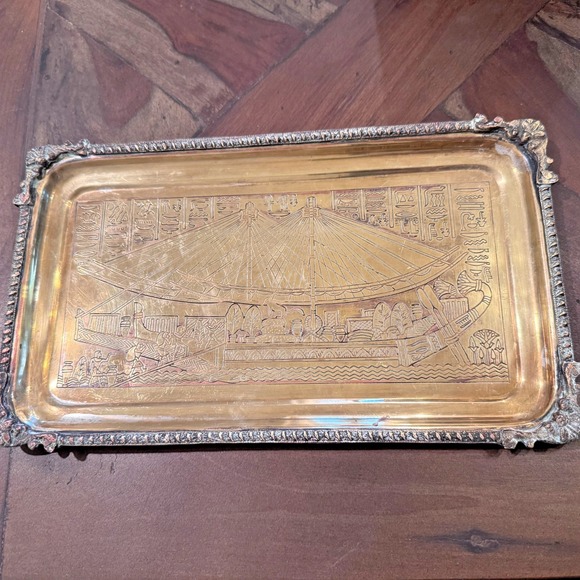 MCM Vintage Brass Tone Etched‎ Egyptian Theme Tray Wall Art 12